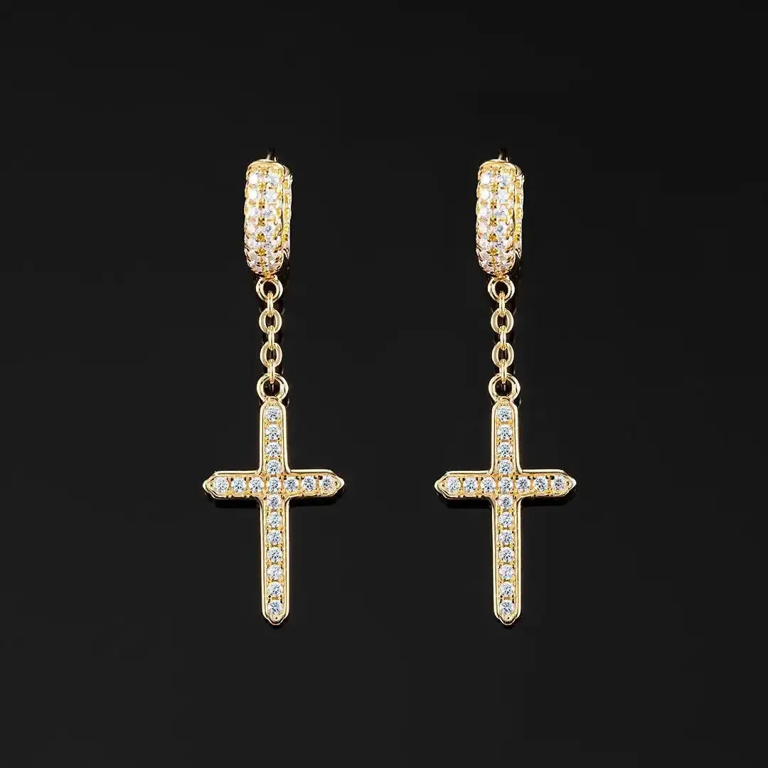 14K Solid Gold Unisex Cross Dangle Moissanite Earrings shop name