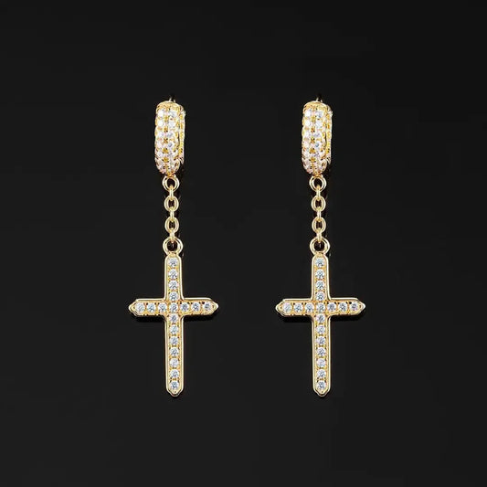 14K Solid Gold Unisex Cross Dangle Moissanite Earrings