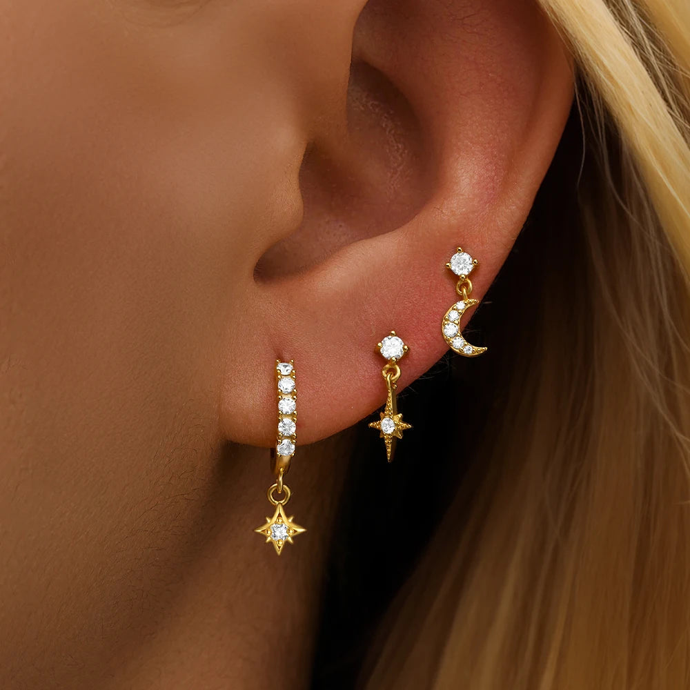 3pcs/set s925 sterling silver star stud earrings hoop earrings set for women