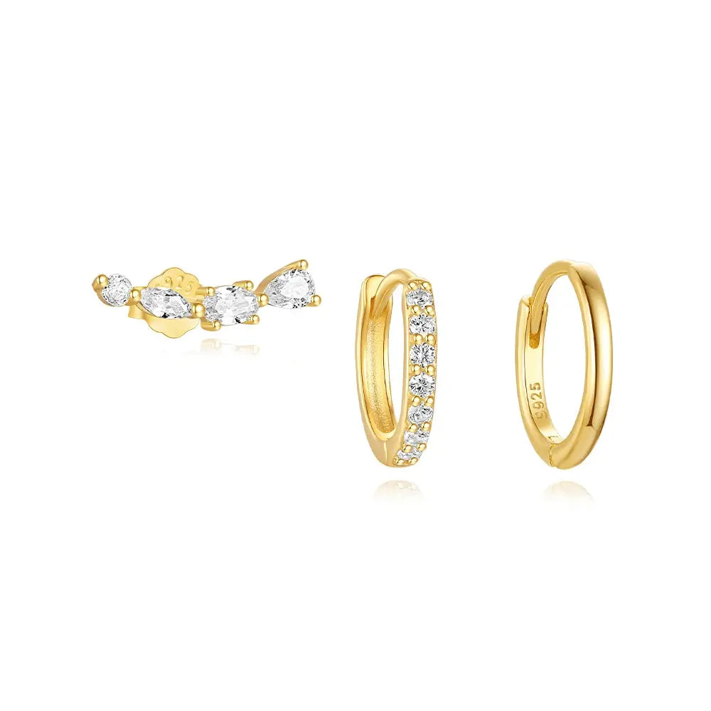 3 pieces set jewelry luxury geometric zircon hoop earrings stud earrings 925 silver and 18k gold plated Gold 1 shop name