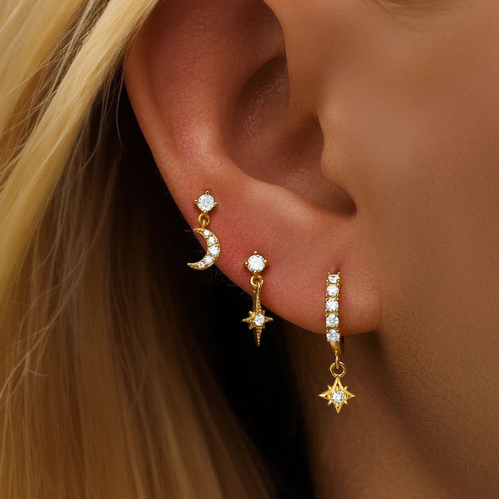 3pcs/set s925 sterling silver star stud earrings hoop earrings set for women