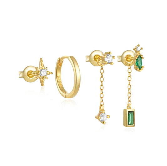 Emerald Green Drop 18K Gold Plated Set, Removable Dangle Drop. Set of 6.