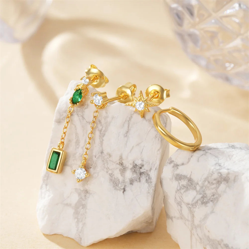 Emerald Green Drop 18K Gold Plated Set, Removable Dangle Drop. Set of 6.