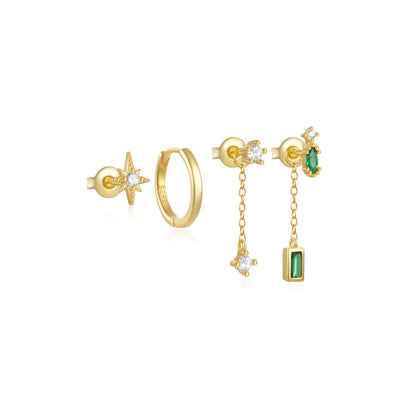 Emerald Green Drop 18K Gold Plated Set, Removable Dangle Drop. Set of 6.