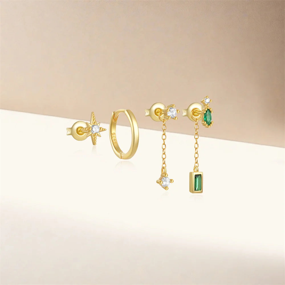 Emerald Green Drop 18K Gold Plated Set, Removable Dangle Drop. Set of 6.