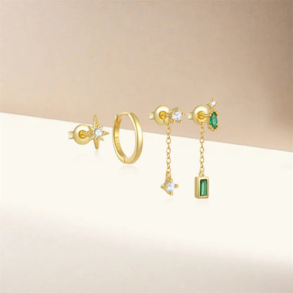 Emerald Green Drop 18K Gold Plated Set, Removable Dangle Drop. Set of 6.