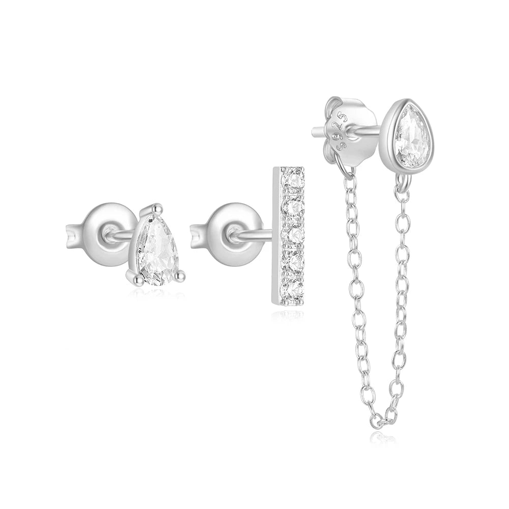 3 pieces set 925 sterling silver inlaid zircon classic daily ear stud and tassels chain earring for women s925