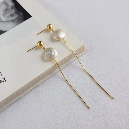 Modern Classy Long Drop Pearl Button Earrings