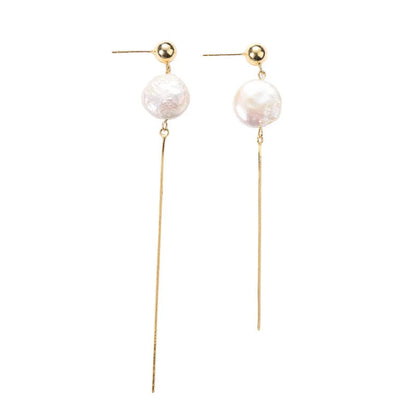 Modern Classy Long Drop Pearl Button Earrings