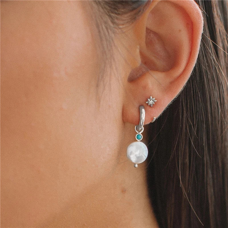 Chubby Turquoise with Round Button Pearl Hoops