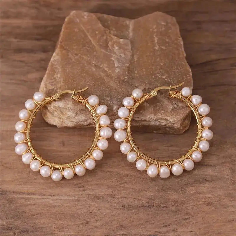 Boho Natural Pearl Hoops All sizes