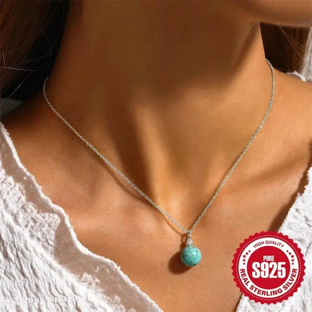 Boho Turquoise Sphere on Silver Chain Pendant Necklace