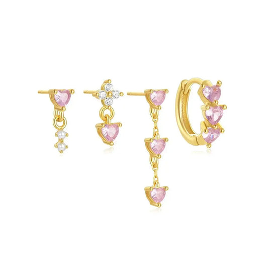 3-5Pcs/Set s925 sterling silver flower star moon zircon geometric opal pink heart-shaped stone earrings set for women Gold 4