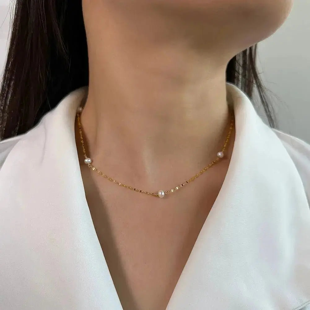 Delicate Gold Chain with scattered Pearl Necklace 40+5cm