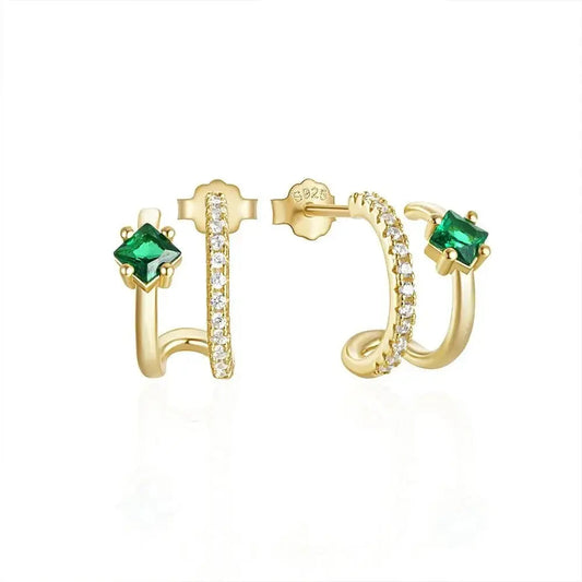 Double Claw Emerald Accent Gold Stud Earrings