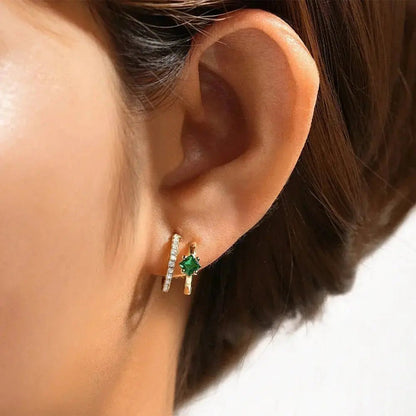 Double Claw Emerald Accent Gold Stud Earrings