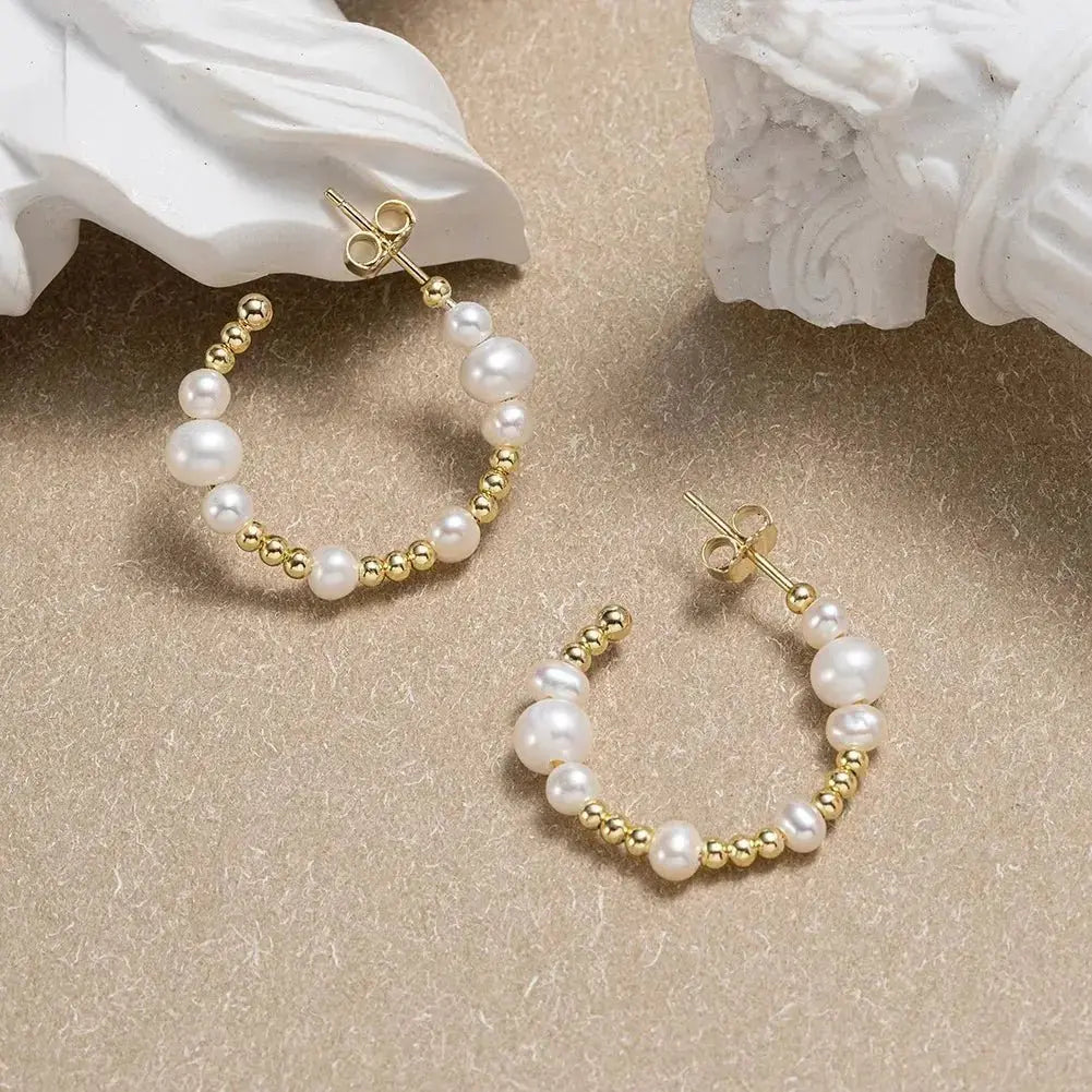 Elegant Pearl and Gold Medium Stud Hoops shop name