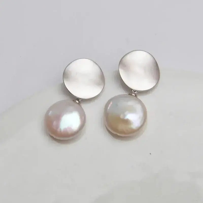 Freshwater Coin Pearl 925 Sterling Silver statement earrings White gold+coin pearl shop name