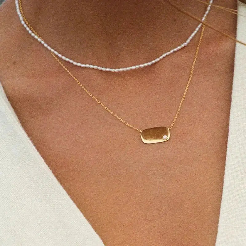 Hammered Square or Round Pendant with Pearl Necklace shop name