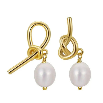 Knots about Pearls Drop Gold Earrings - Asymmetrical