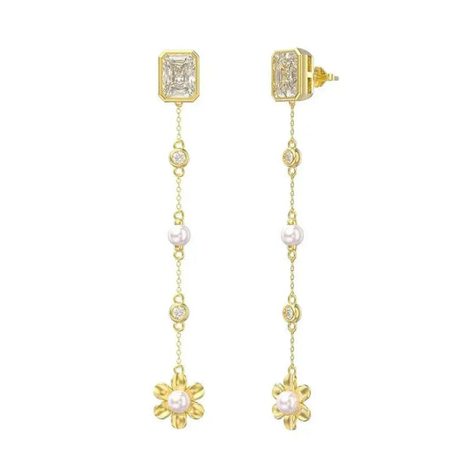 Luxury Pearl Drop Flower and Large Zicron Stud Earrings