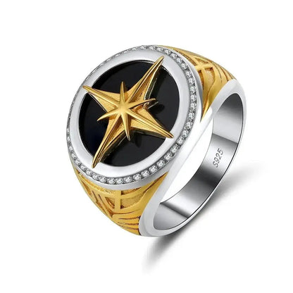 Mens Black Agate Retro Symbol Star Ring