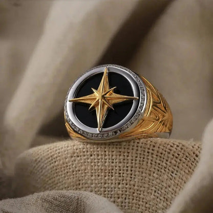 Mens Black Agate Retro Symbol Star Ring