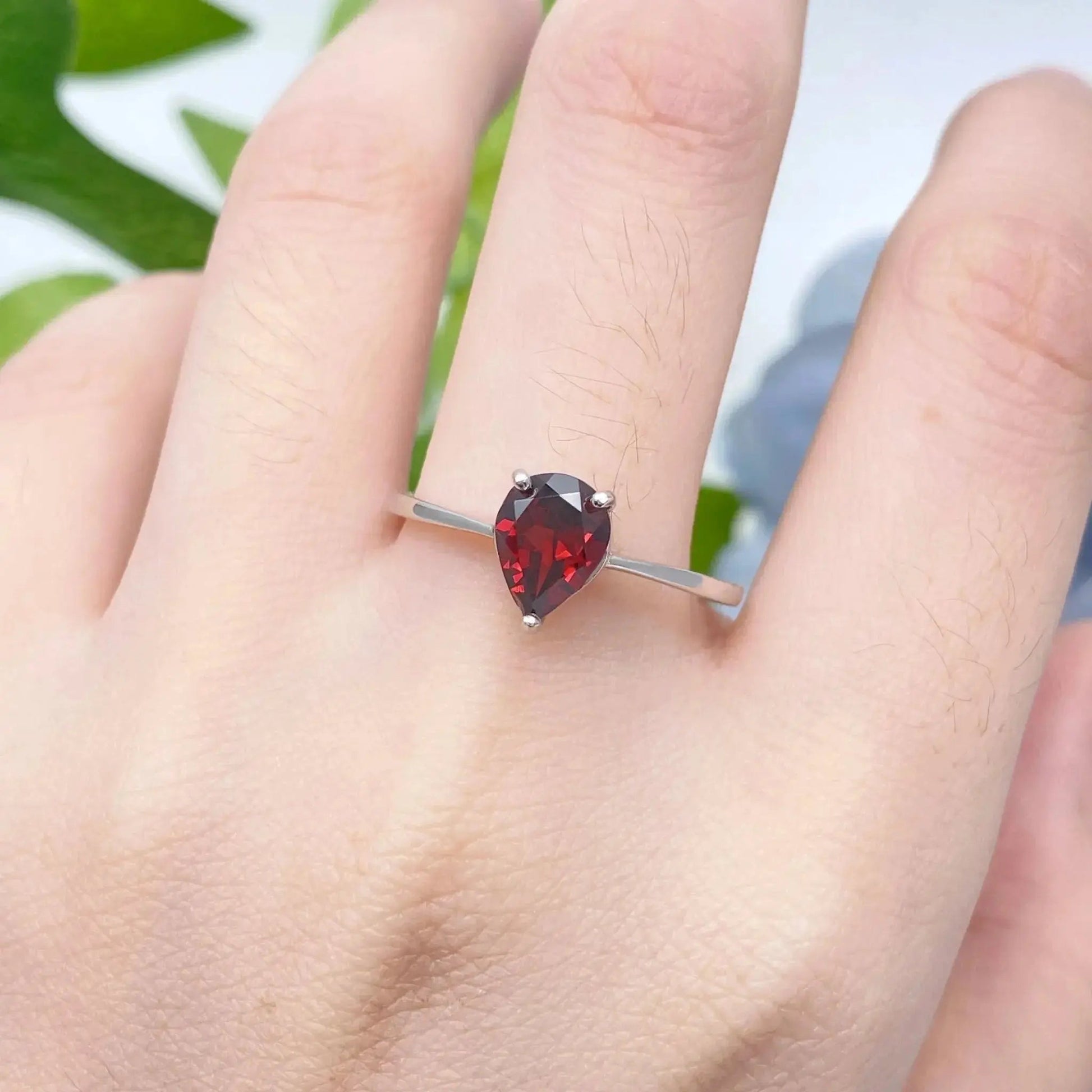 Natural Red Garnet Pear Cut Silver Ring shop name