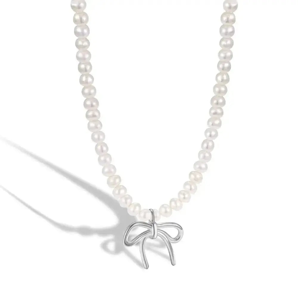 Pearl Necklace Silver Bow Pendant shop name