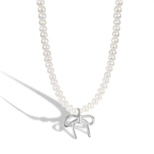 Pearl Necklace Silver Bow Pendant