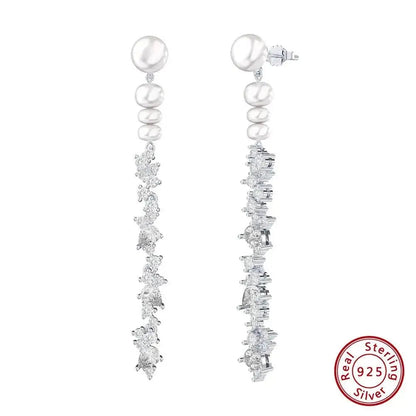 Pearl Silver Luxury Long Drop Stud Earrings shop name