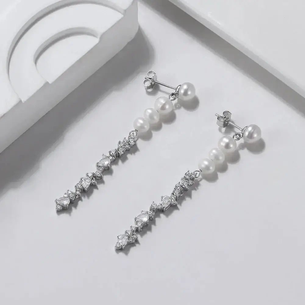 Pearl Silver Luxury Long Drop Stud Earrings shop name