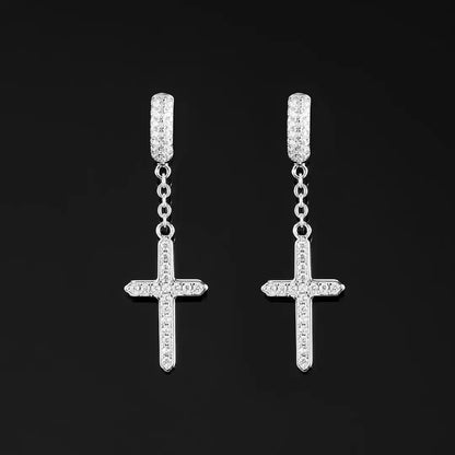 Silver Cross Dangle Moissanite Hoop Earrings shop name