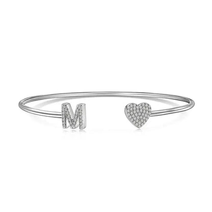 Solid Silver Pave Letter Open Bangle