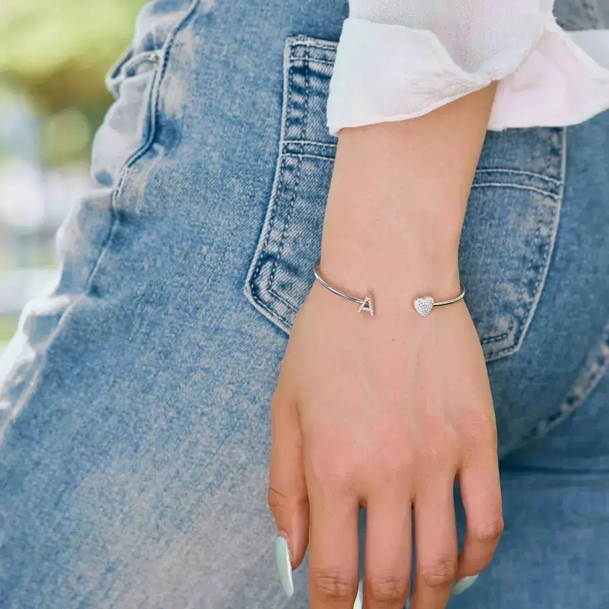 Solid Silver Pave Letter Open Bangle