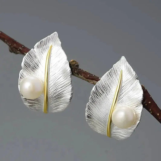 Vintage Handmade Leaf and Pearl Earrings